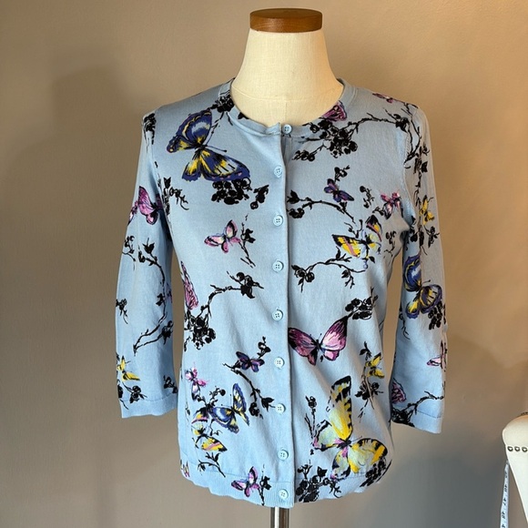 TALBOTS petite charming butterfly knit cardigan button up lightweight blue MP - Picture 2 of 10